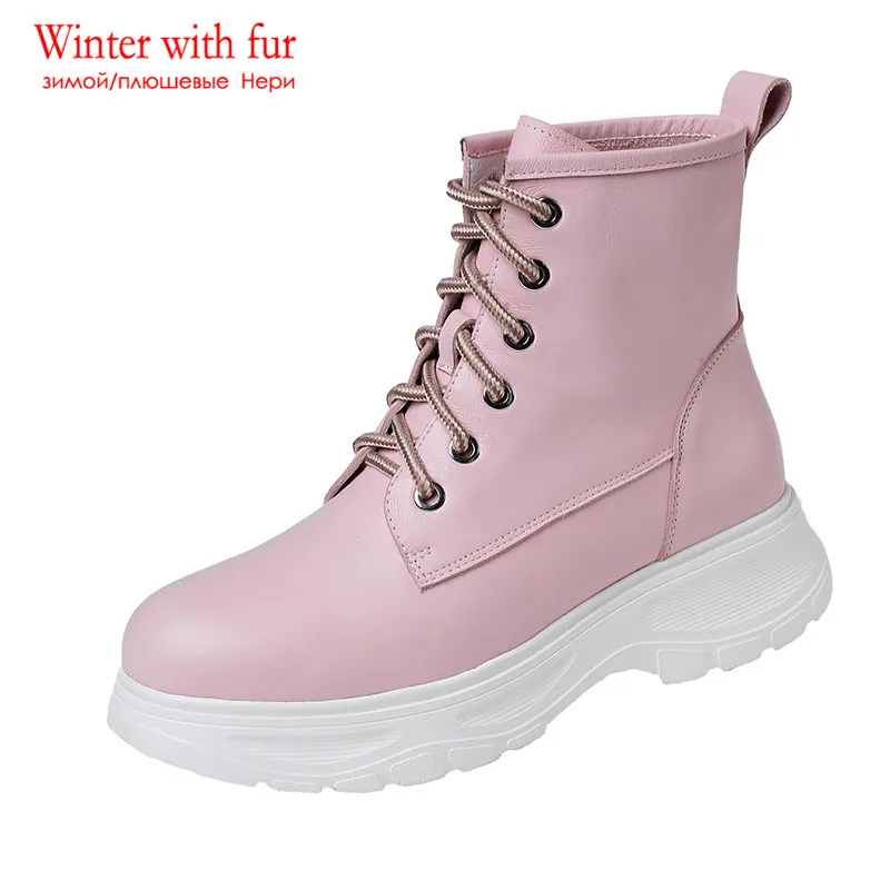 MORAZORA/Новинка года; ботильоны для женщин из натуральной кожи на шнуровке; сезон осень-зима; повседневная женская обувь на плоской платформе - Цвет: pink with fur
