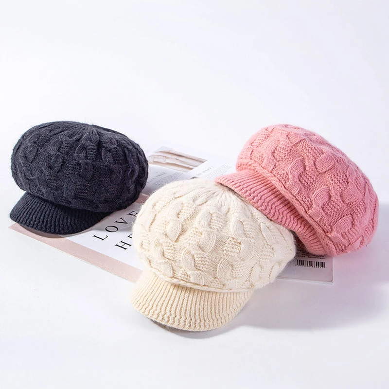 

Hemp Flowers Grain women Winter Rabbit's Hair Wool Hat Thickening Increase Down Outdoors Keep Warm Knitting Hats