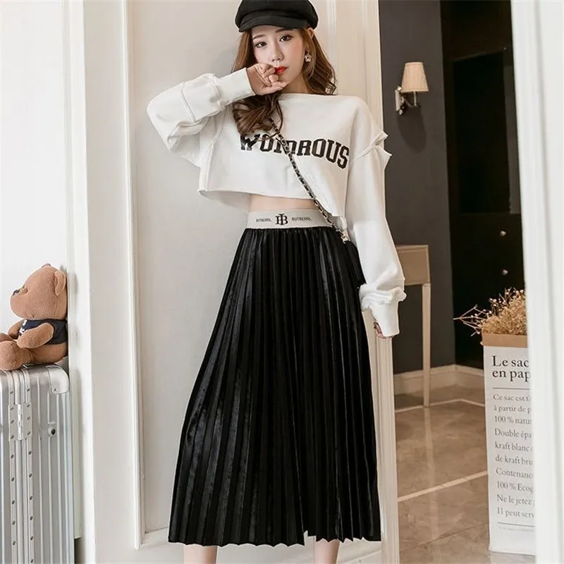 Streetwear Fashion High Waist Pleated Skirt Women Autumn Winter Midi Skirt Female Gold Velvet Long Skirt Faldas Mujer Moda - Цвет: Черный