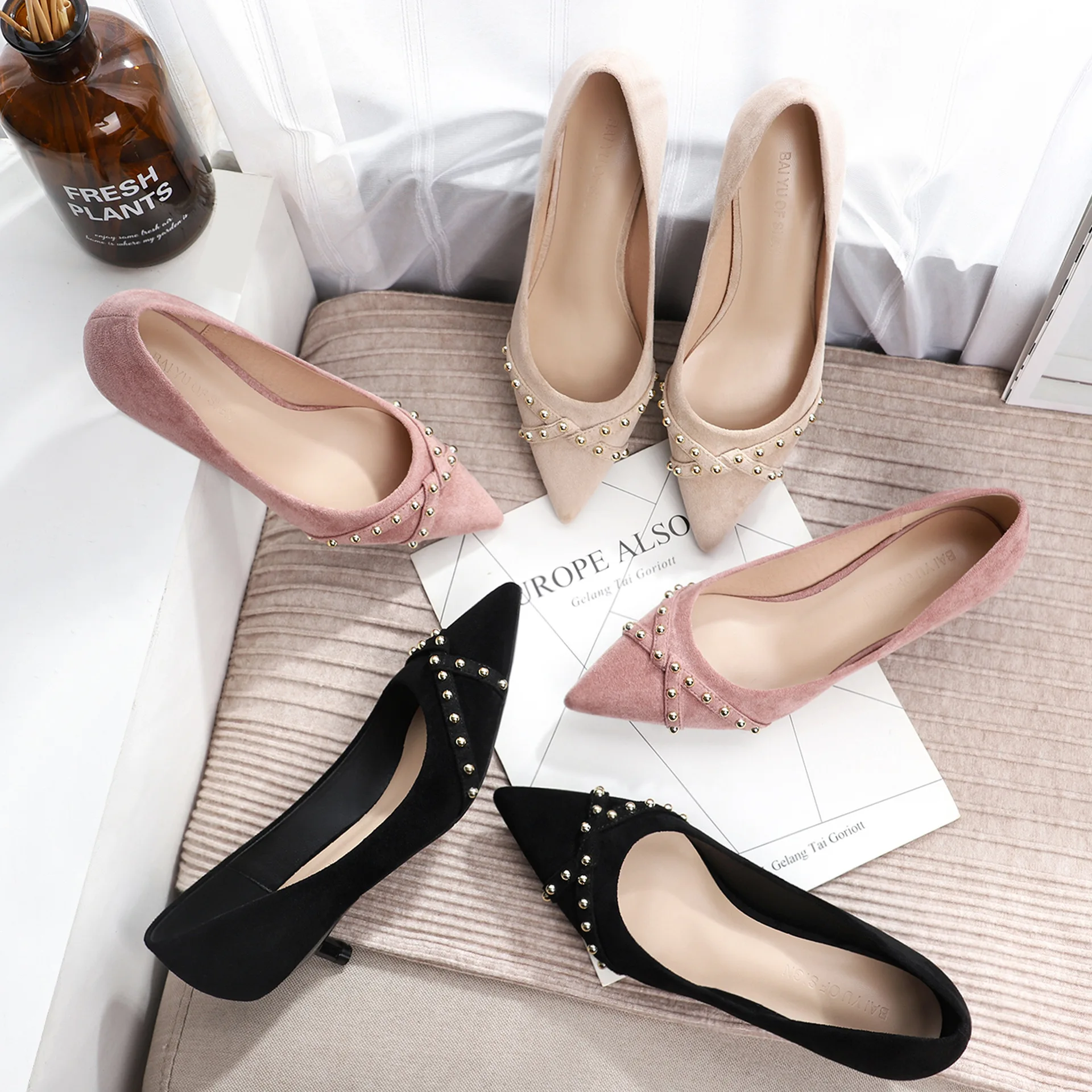 

New 2019 Autumn Slip On Solid Rivets Shoes Woman Pointed Toe Small Thin High Heels Pumps Flock Rubber Party Shoe Wedding Sandals