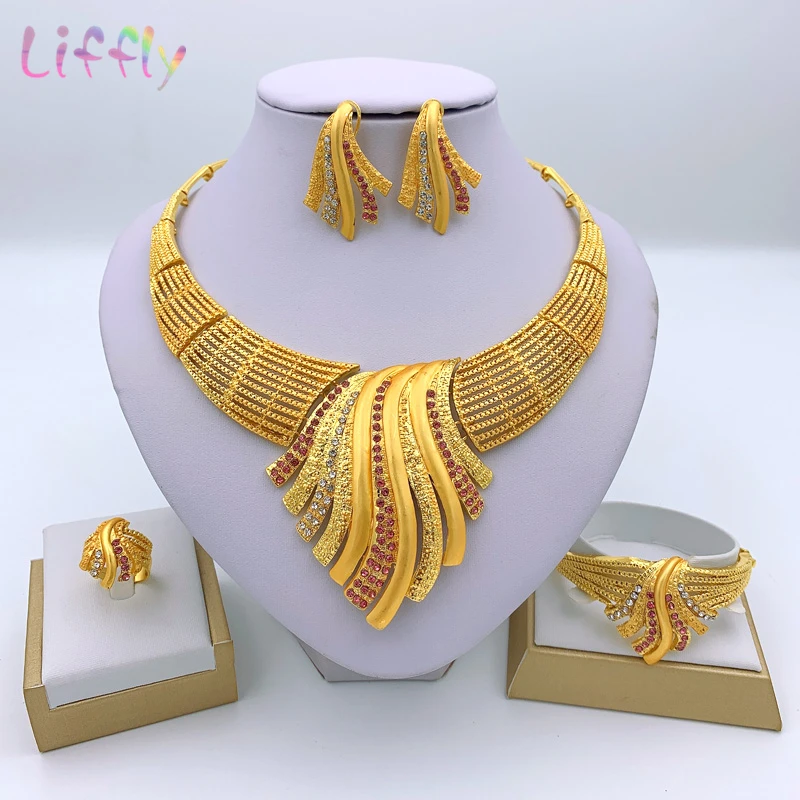 Liffly Африканский Свадебный Дубай ювелирные наборы кристалл большое ожерелье серьги кольцо браслет нигерийские женские модные свадебные золотые ювелирные изделия - Окраска металла: Pink