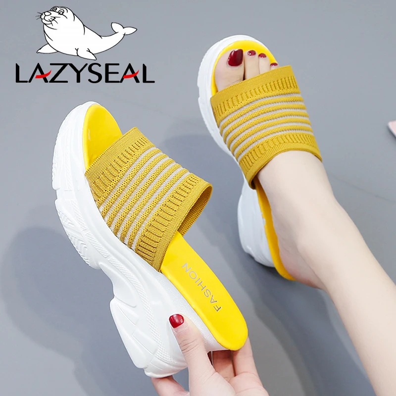 LazySeal тапочки на платформе из хлопчатобумажной ткани; женские шлепанцы; модная женская обувь на танкетке с толстой подошвой; нескользящие женские вьетнамки