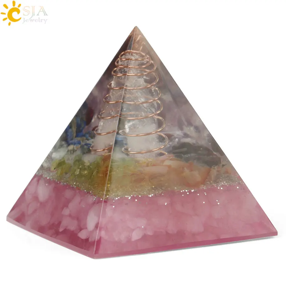 Csja 49x49 мм Orgone Пирамида Orgonite конвертер энергии природный гравий Chakra Смола металлическая спираль заживление удача украшение дома G258 - Цвет: Rose Quartz