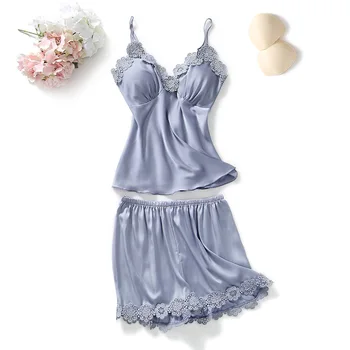 

Women Pajamas Set Satin Silk Solid Sleep Lounge Sexy Sleepwear Summer Pyjama Femme Fashion Sleeveless Homewear With Chest Pad