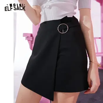 

ELFSACK Black Solid A Line Irregular Hem Mini Women Skirts 2020 ELF Summer New Apricot Pure Metal Ring Ladies Korean Daily Skirt