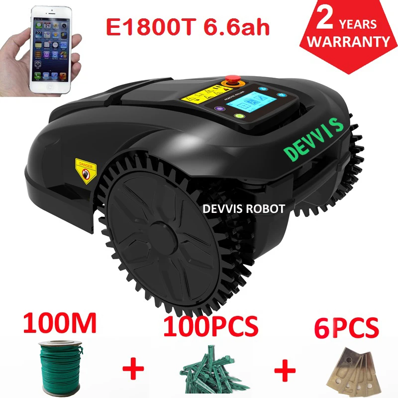 Двухлетняя гарантия DEVVIS Robot, газонокосилка E1800T с литиевой батареей 6,6 Ач для среднего сада с проводом 100 м + 100 колышков + 6 лезвий