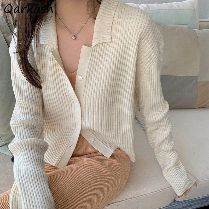 

Sweaters Women Cardigans 5 Colors Turn-down Collar Solid Simple Elasticity Slim Fashion Chic Korean Style Lady Students Daily