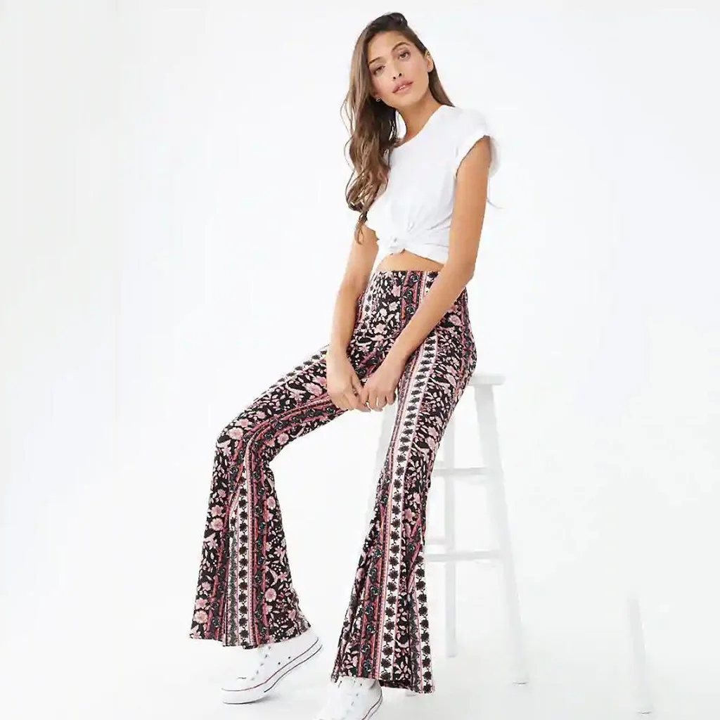 Boho расклешенные брюки женские богемные Модные свободные длинные штаны племенные африканские принты широкие брюки клеш винтажные брюки# LR1