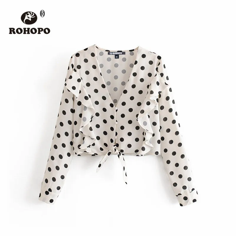

ROHOPO Black Polk Dot Long Sleeve Front Ruffled Tie Hem White Blouse V Collar Female Elegant Top Shirt #6838