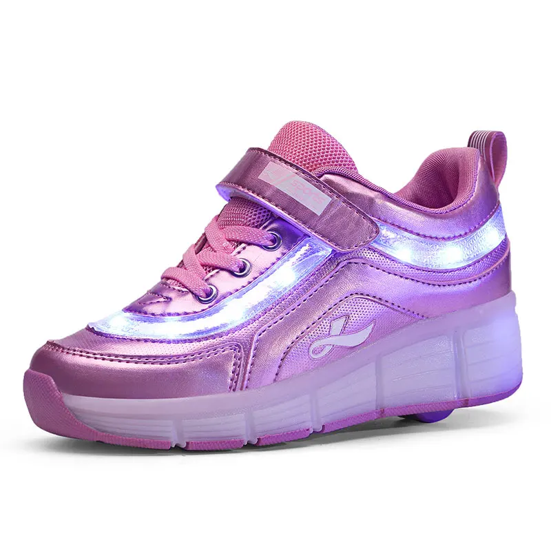 Черный, розовый, белый, usb зарядка, модный светодиодный светильник для девочек и мальчиков, обувь для катания на роликах для детей, детские кроссовки с колесами - Цвет: Розовый