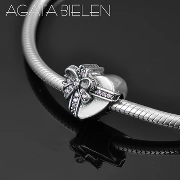 

Fashion trend 925 Sterling Silver like pink CZ bowknot heart Beads Fit Original Pandora Charm Bracelet Jewelry making