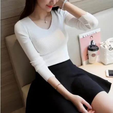 Женский свитер с v-образным вырезом пуловер базовый вязаный край хлопковые топы