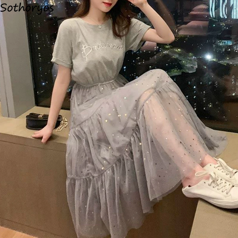 

Dress Women O-neck Mesh Sequined High Waist Loose Trendy Sweet Casual Korean Style Mid-calf Chic Female Clothes Summer Ulzzang