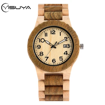 

YISUYA Maple Wood Watch Men's Green Sandalwood Auto Calendar Display Full Wooden Band Clock Male Retro Wristwatch Relojes Hombre