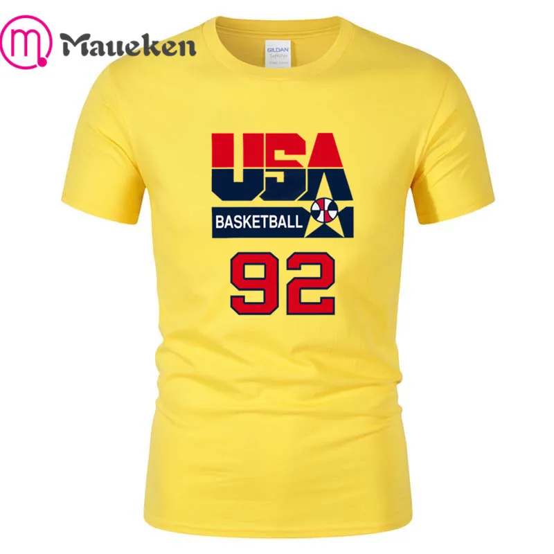 YELLOW США DREAM TEAM 92 футболки Для мужчин короткий рукав хлопок, футболки с о-образной горловиной для jordan, пайппен птица Ewing вентиляторы подарок - Цвет: YELLOW