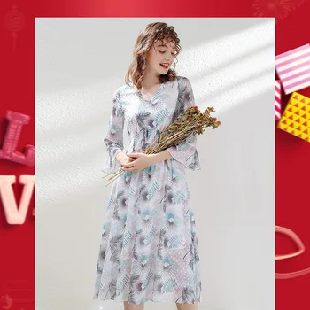 

Women's Dresses 2020 Spring New Women's V-neck Cropped Sleeve Chiffon Dress