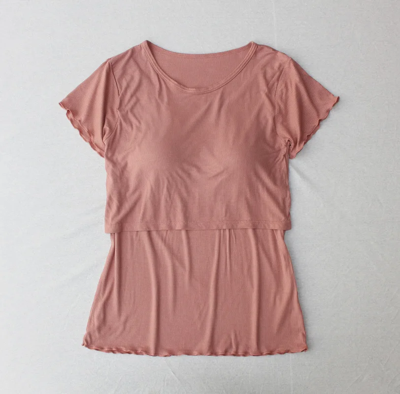 

New Style Modal Fine Thread Lift-style Short Sleeve Breastfeeding Set Casual Wear Free Bra Solid Color T-shirt Maternity Clothes