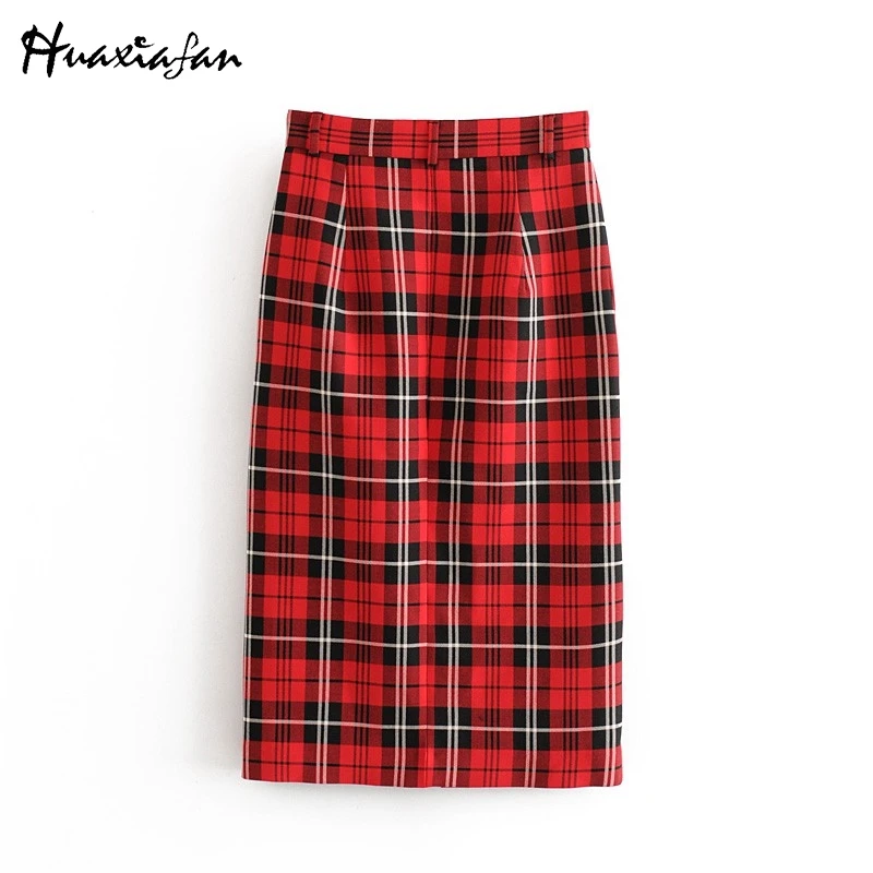 Huaxiafan Women Skirt Red Plaid Women Split Long Skirts Straight High Waist Vintage Stylish Faldas Mujer Moda Office Ladies Wear Huaxiafan Women Skirt Red Plaid Women Split Long Skirts Straight High Waist Vintage Stylish Faldas Mujer Moda Office Ladies Wear