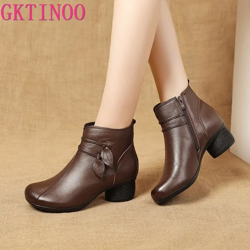 Winter Boots Women GKTINOO Autumn Thick Heel Ankle Handmade Genuine Leather Flowers Zipper Retro