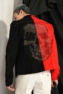 

Luxury mens half red half black rhinestone event/stage performance short fashion jacket/studio/ASIA SIZE