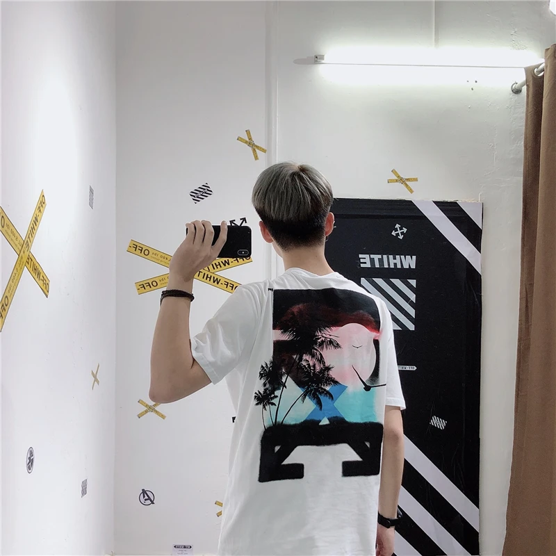 Ограниченная серия, греческий закат, кокосовое дерево, 19ss, Off-White OW, для мужчин и женщин, для влюбленных, Модная хлопковая футболка с круглым вырезом и коротким рукавом