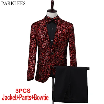 

Sexy Leopard Sequin Red Suit Set Men Slim Fit Luxury Design Tuxedo Suits Male Nightclub Singer Dancer Stage Prom Costume Homme
