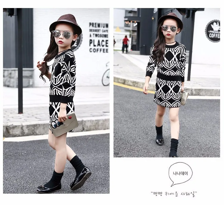 Girls Clothing set Autumn Girls Clothes Long Sleeve Plaid Knitted Sweater Skirt Suit Children Costume Kids Tracksuit 10 12Y