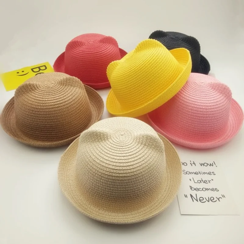 Boys Cap Girls Sun Hat Summer Children Panama Sun Hat Children Ear Decoration Solid Kid Floppy Panama sun hat sun protection hat