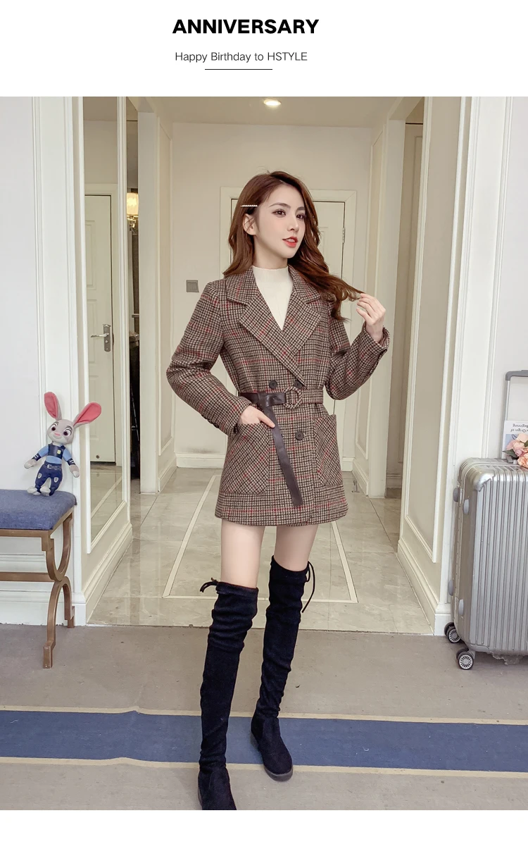 Blaser Femme, милый Блейзер, клетчатый костюм, пальто, офисный женский рабочий Топ, Осень-зима, уплотненный Повседневный Ретро розовый блейзер, куртка с поясом