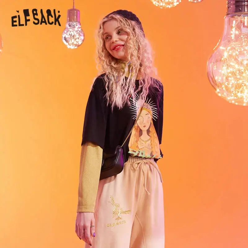 ELFSACK черная цветная Лоскутная Женская футболка с принтом богини зимняя новая модная повседневная футболка с длинным рукавом