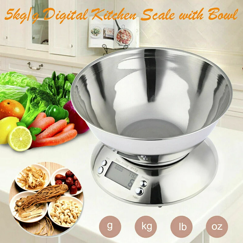 

Digital Kitchen Scale High Accuracy 11lb/5kg Food Scale with Removable Bowl Room Temperature, Alarm Timer Stainless Steel Libra