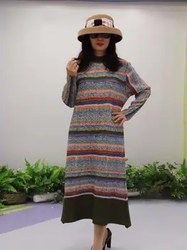 

HOT SELLING Miyake Fashion fold long sleeve stripe print tuetleneck dress IN STOCK