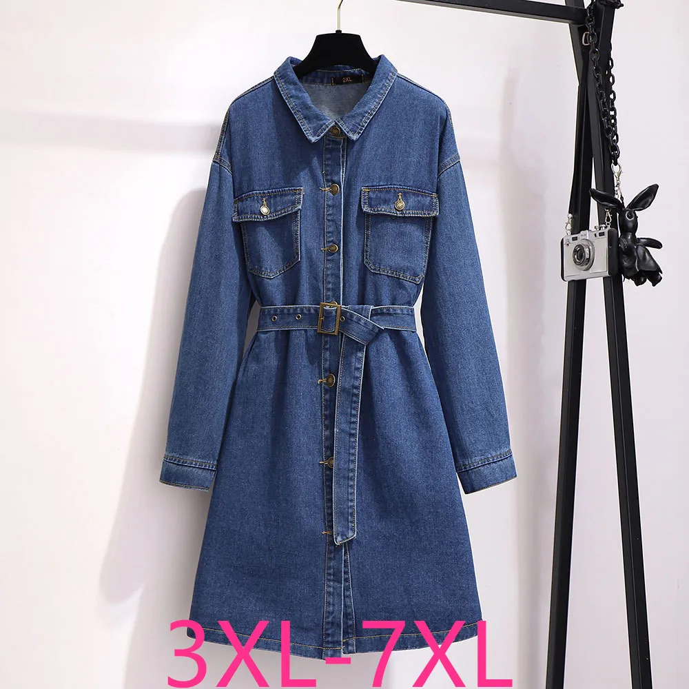autumn winter plus size denim dress for women large loose casual long sleeves lapel dresses belt blue 3XL 4XL 5XL 6XL 7XL
