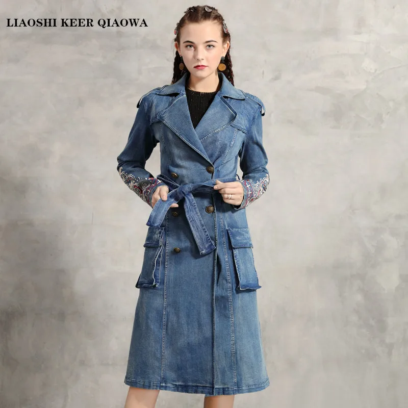 Women's Denim Windbreaker Winter New Long Coat Coats Europe and America double-breasted Slim Denim Jacket Female 5094