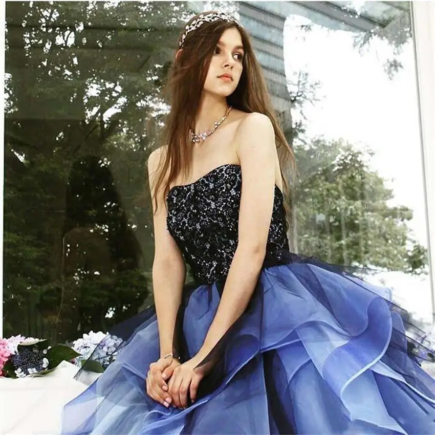 Бальные платья quinceanera Королевское Голубое Кружевное с аппликацией оборками без бретелек бальное платье Tieres Tulle Sweep Train Customer Design Homecoming