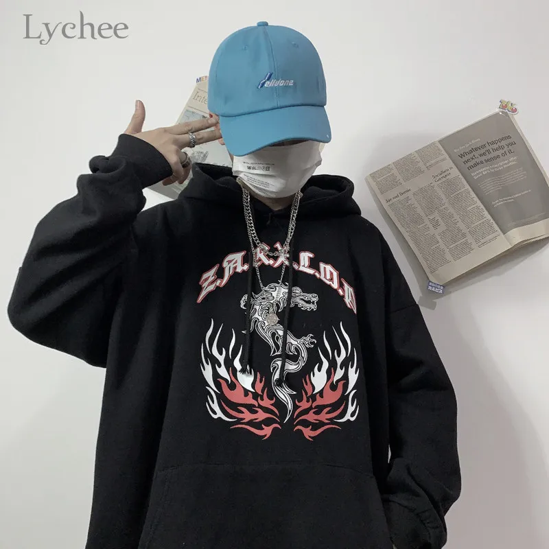 Lychee Женские флисовые толстовки с капюшоном в стиле Харадзюку, с изображением пламени дракона, весенние, осенние, зимние женские топы, повседневные свободные женские толстовки с карманами