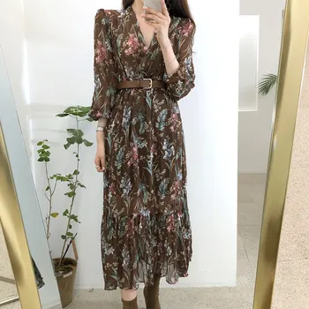 

Women Long Lantern Sleeve Chiffon Dress Spring Korean Fashion Vintage Floral Print Midi Dresses Elegant With Belt Vestido Ladies