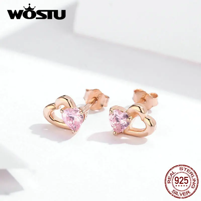 Женские серьги гвоздики с розовым сердцем WOSTU свадебные из розового золота