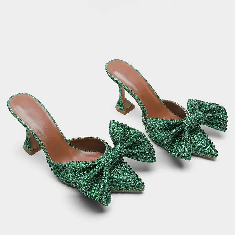 2020 New European Station Pointed Bow Sandals Crystal All-match Ultra-High Thin Heeled Baotou Slippers Women