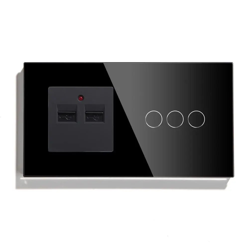 Black Bseed 3 банда 1 способ 2 способ ЕС настенный сенсорный выключатель с двумя usb-разъемами черный белый золотой цвет с кристаллической панелью 157 мм - Цвет: Black