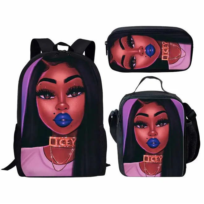 WHEREISART Kids Backpack Girls for School Black Art African Girls Design Bagpack Children 3pcs/set Schoolbag Bookbag Mochila - Цвет: YQ4583CGK