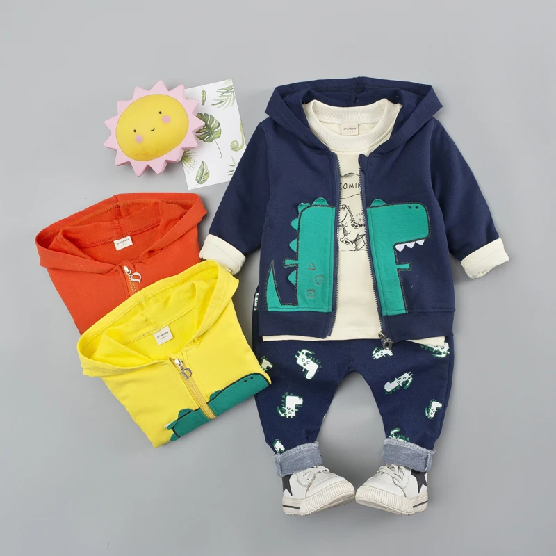 Комплект одежды для маленьких мальчиков и девочек, комплект одежды с длинными рукавами из 3 предметов с принтом гинозавра, весенний Комплект для мальчиков 1, 2, 3, 4 лет