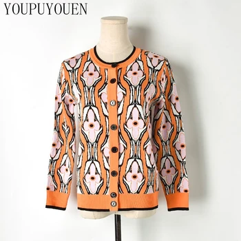 

New Spring Orange Jacquard Sweater Knit Cardigan Round Neck Long Sleeve Women's Casual Knitted Jacket Outerwear 2020 Knitwear