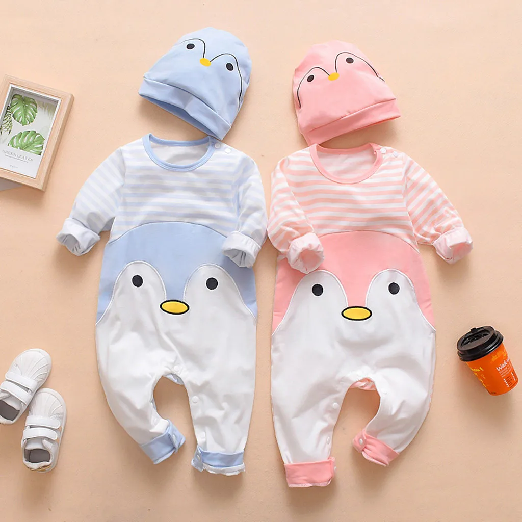

Newborn Baby Girl Clothes Set Infant Baby Long Sleeve Three-dimensional Cartoon Striped Penguin Romper Jumpsuit Clothes Hat A1