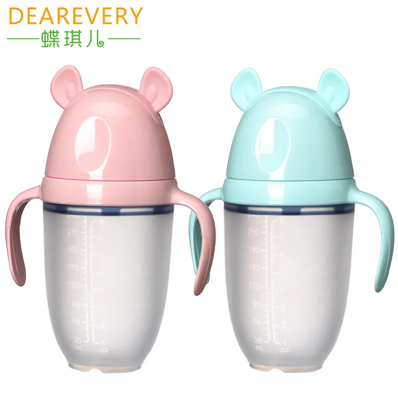 

All Silicone Nursing Bottle fang zhang Gas Belt Handle Cartoon Stereo Modeling Wide Mouth Model Breast Milk Feeding Bottle