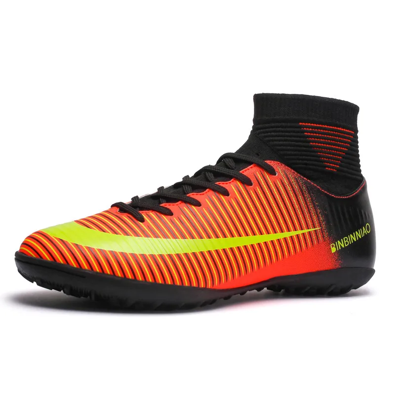 Explosive fashion high-top football shoes, broken nails and spiked soccer shoes, non-slip comfort and wear-resistant - Цвет: Broken black orange