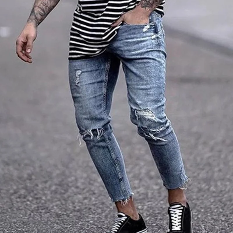 Vogue Men Jeans Ripped Biker Hole Denim 