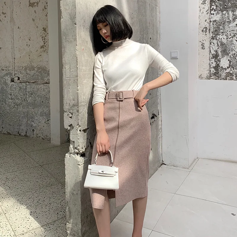 Pink Woolen Skirts High Waist Lady Office Midi Skirts Front Split Elegant Streetwear Autumn Winter Clothings