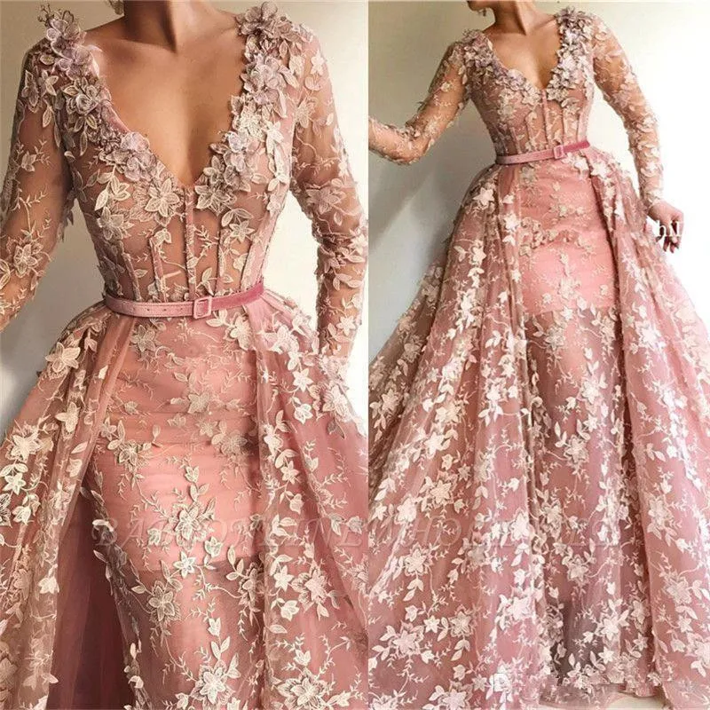 

Pale Pink 3D Flowers Lace Prom Dresses with Detachable Train 2020 V-neck Long Sleeve Arabic Dubai Mermaid Occasion Evening Wear