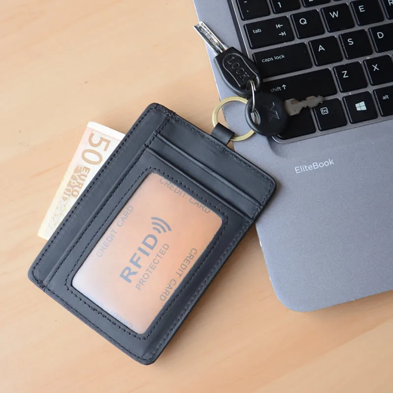 Кожаный ID держатель для карт с цепочкой для ключей Тонкий Rfid блокирующий чехол для кредитных карт мини мужской женский кошелек